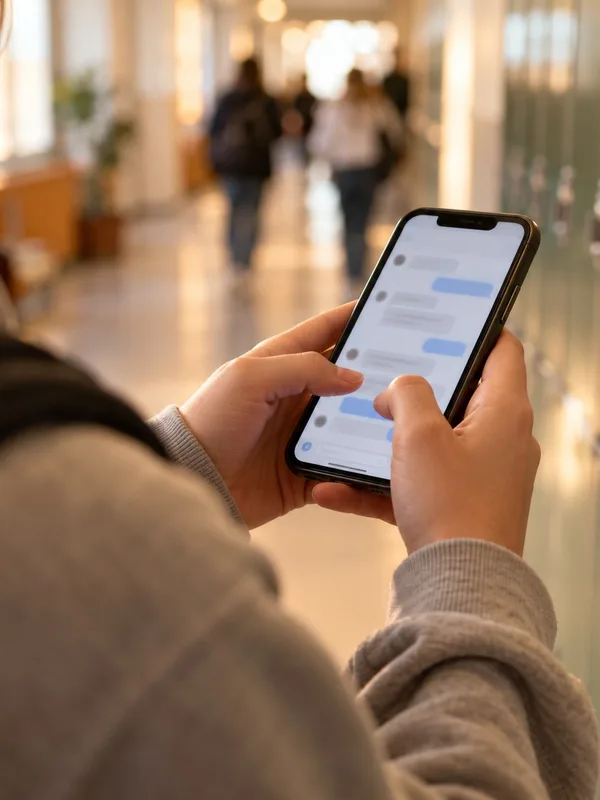 En elev i en skolkorridor skriver på sin mobiltelefon.